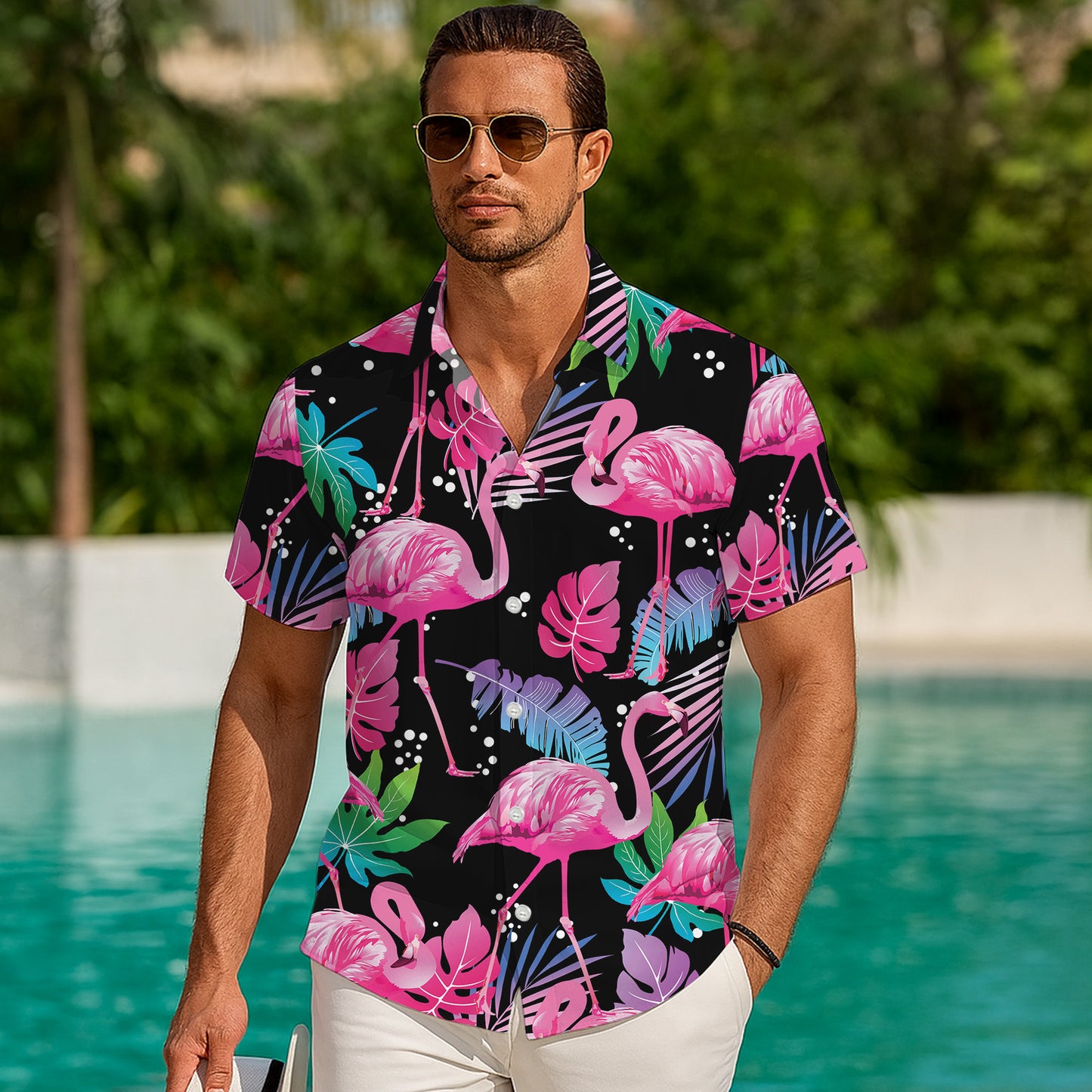 Pink Flamingos & Colorful Tropical Leaves Dark Hawaiian Shirt Aloha