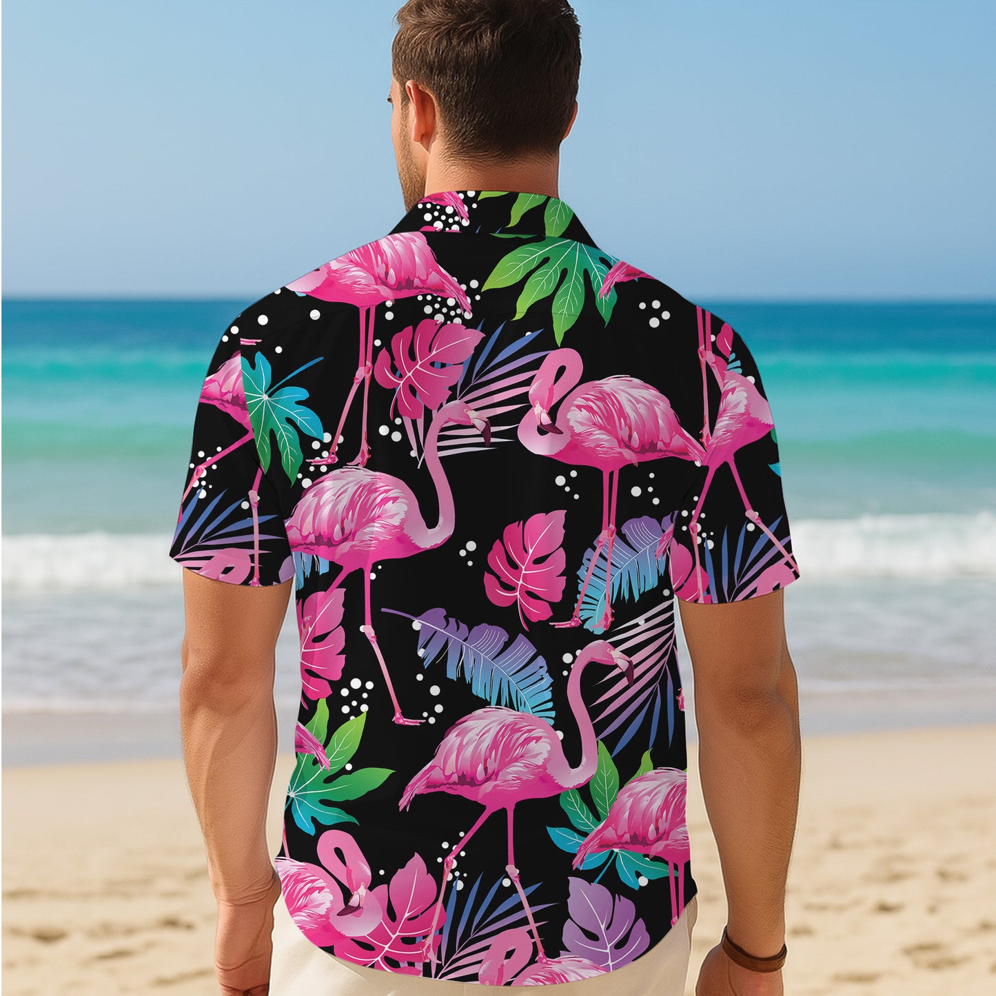 Pink Flamingos & Colorful Tropical Leaves Dark Hawaiian Shirt Aloha