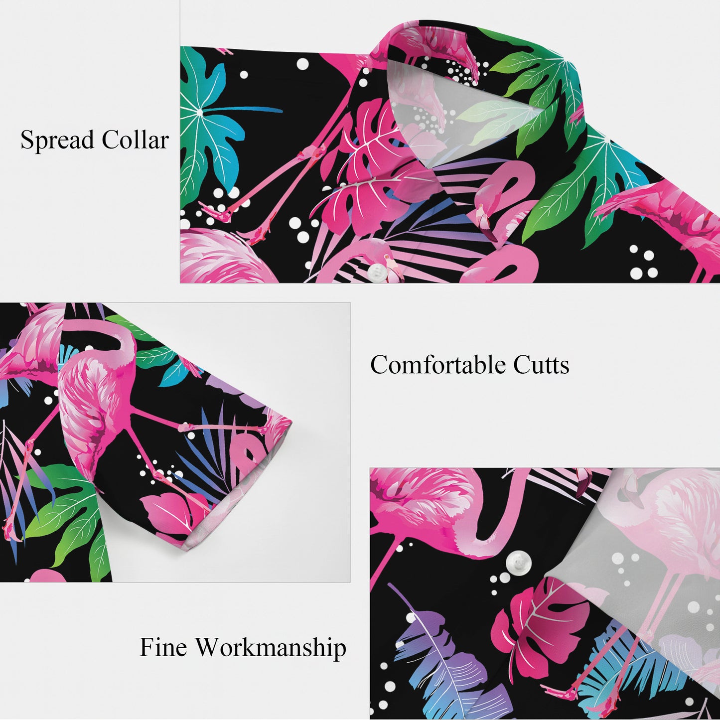 Pink Flamingos & Colorful Tropical Leaves Dark Hawaiian Shirt Aloha