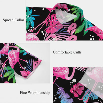 Pink Flamingos & Colorful Tropical Leaves Dark Hawaiian Shirt Aloha