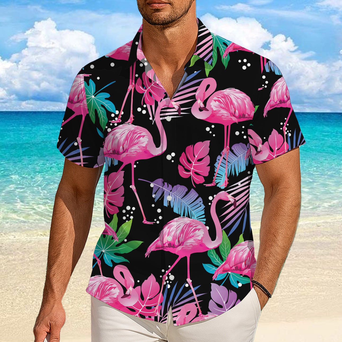 Pink Flamingos & Colorful Tropical Leaves Dark Hawaiian Shirt Aloha