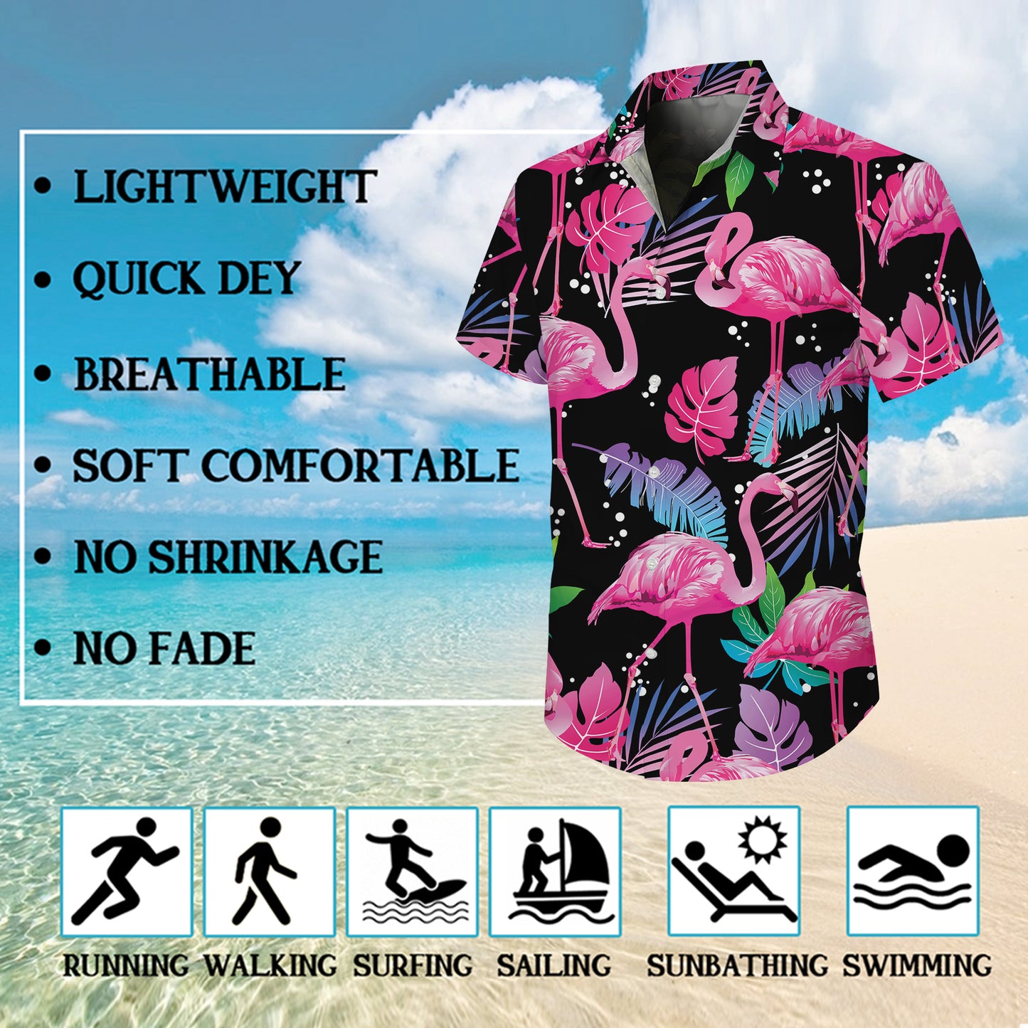 Pink Flamingos & Colorful Tropical Leaves Dark Hawaiian Shirt Aloha