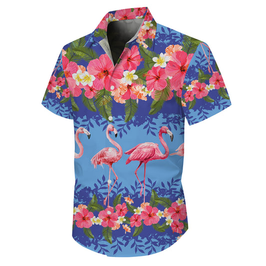 Pink Flamingos & Tropical Hibiscus Stripe Hawaiian Shirt Men Women Aloha
