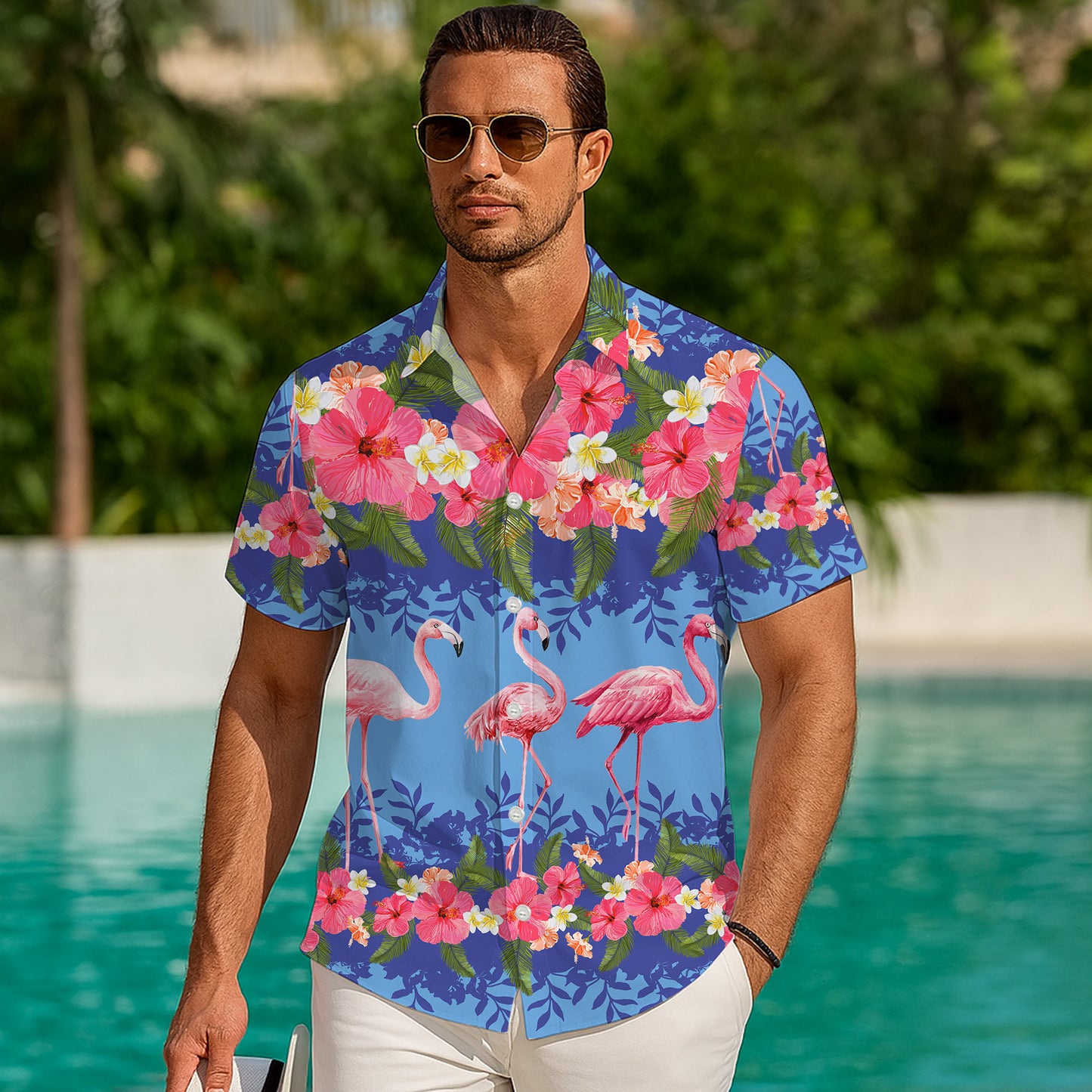 Pink Flamingos & Tropical Hibiscus Stripe Hawaiian Shirt Men Women Aloha
