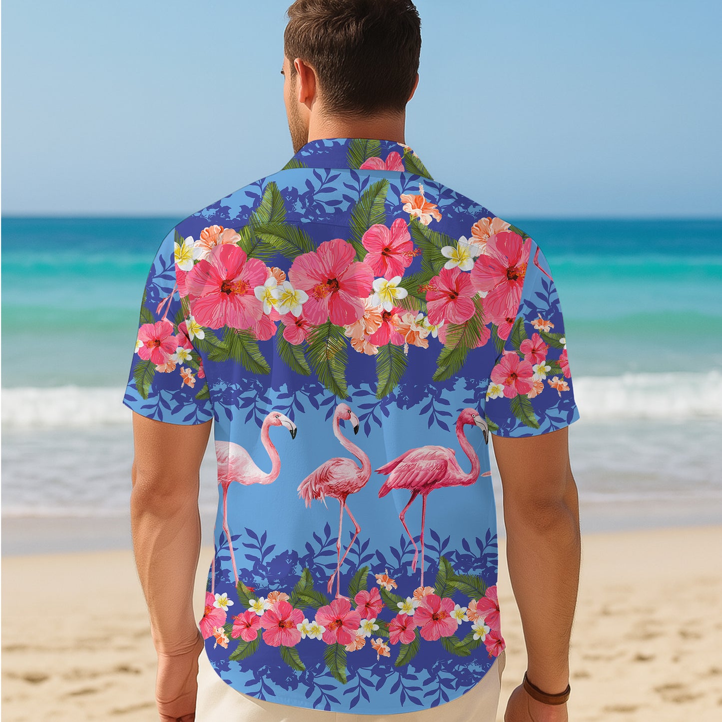 Pink Flamingos & Tropical Hibiscus Stripe Hawaiian Shirt Men Women Aloha