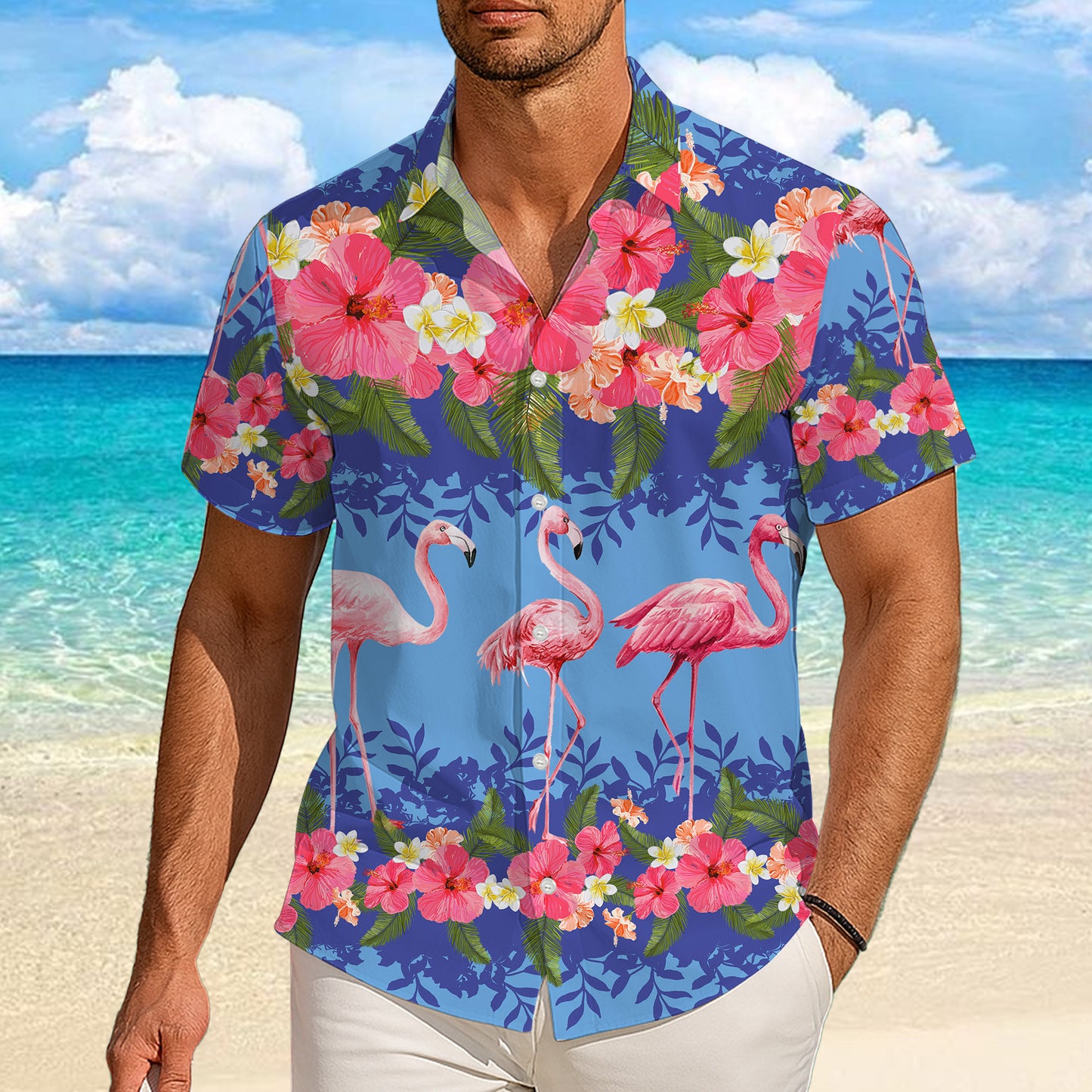 Pink Flamingos & Tropical Hibiscus Stripe Hawaiian Shirt Men Women Aloha