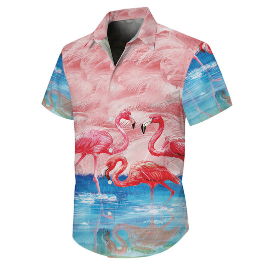 Pink Flamingos & Feathers Watercolor Hawaiian Shirt Men Women Aloha Beach