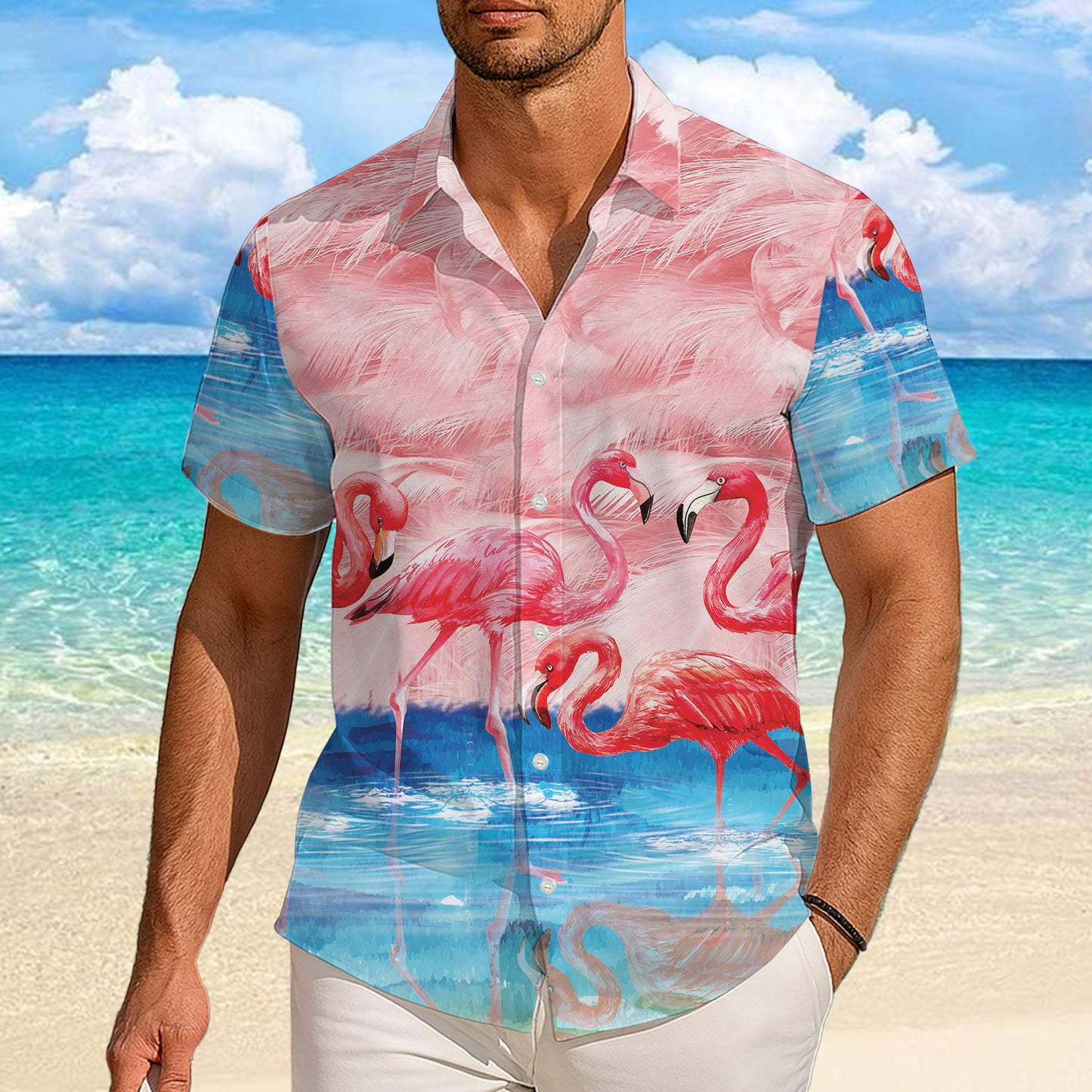 Pink Flamingos & Feathers Watercolor Hawaiian Shirt Men Women Aloha Beach