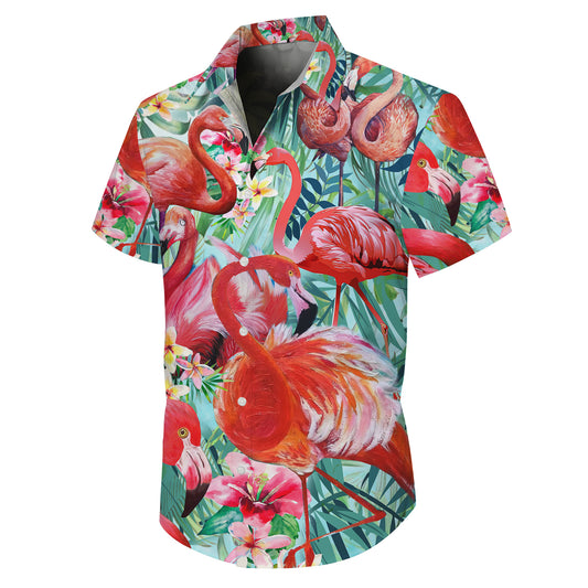 Vibrant Pink Flamingos & Tropical Hibiscus Hawaiian Shirt Men Women Aloha
