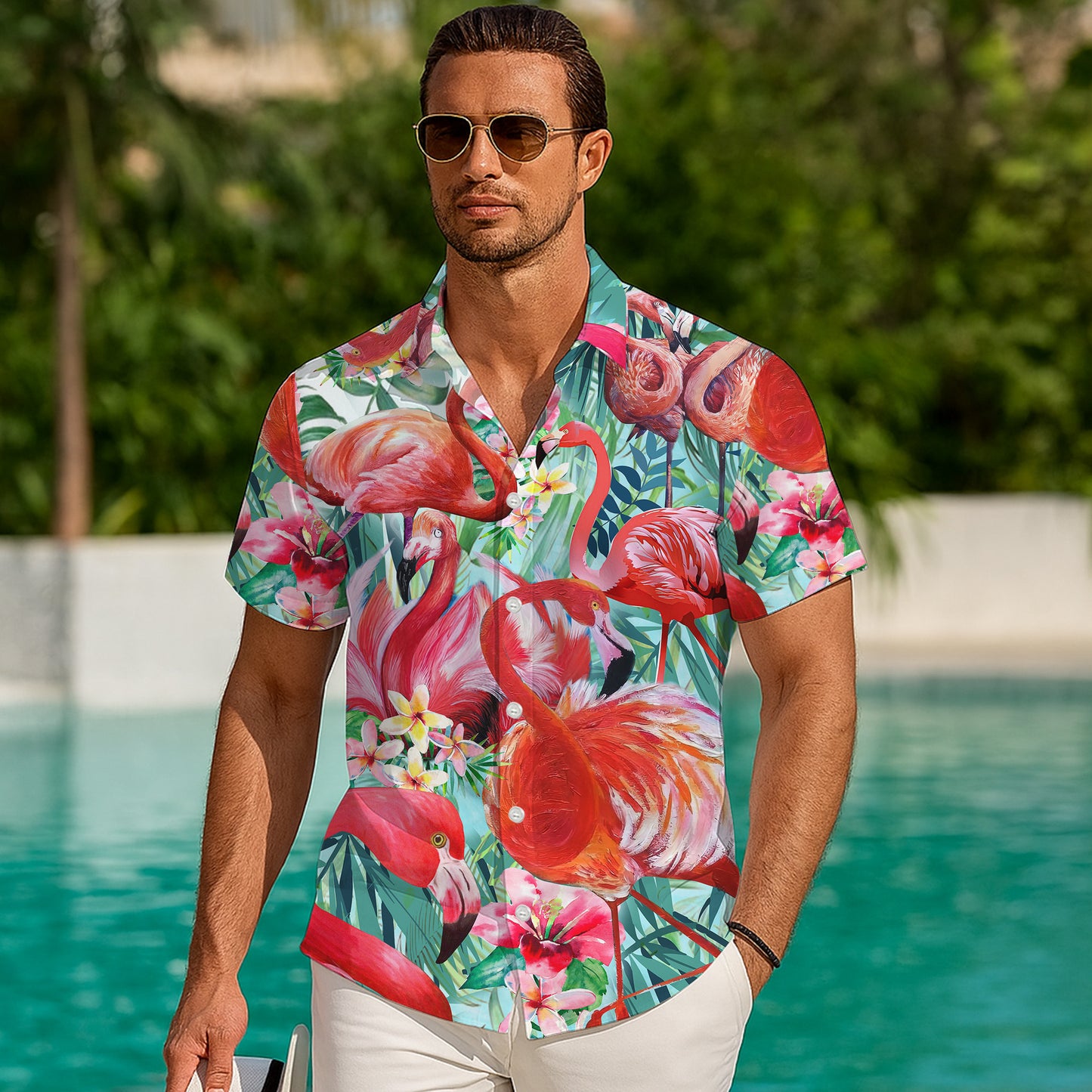 Vibrant Pink Flamingos & Tropical Hibiscus Hawaiian Shirt Men Women Aloha
