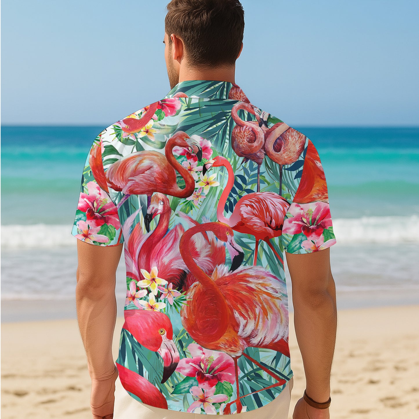Vibrant Pink Flamingos & Tropical Hibiscus Hawaiian Shirt Men Women Aloha