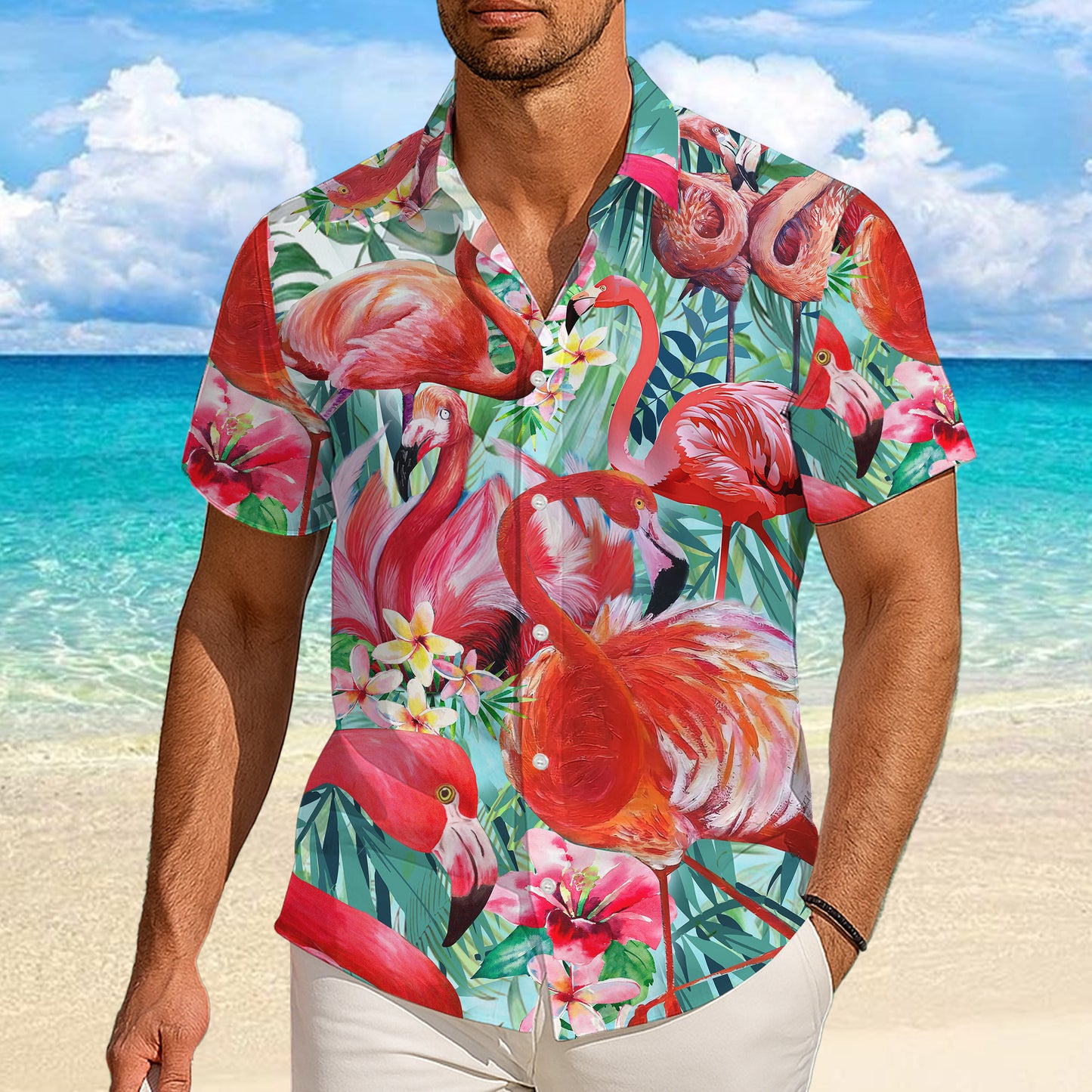 Vibrant Pink Flamingos & Tropical Hibiscus Hawaiian Shirt Men Women Aloha