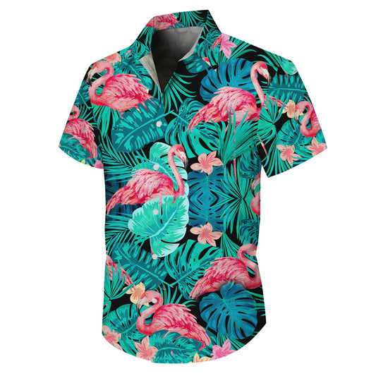 Pink Flamingos & Dark Tropical Palm Leaves Hawaiian Shirt Men Women Aloha