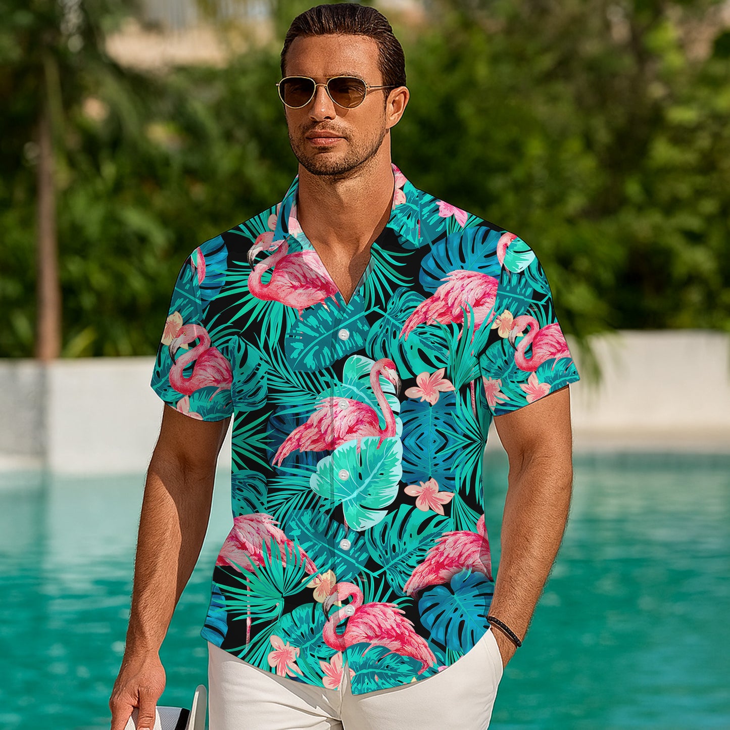 Pink Flamingos & Dark Tropical Palm Leaves Hawaiian Shirt Men Women Aloha