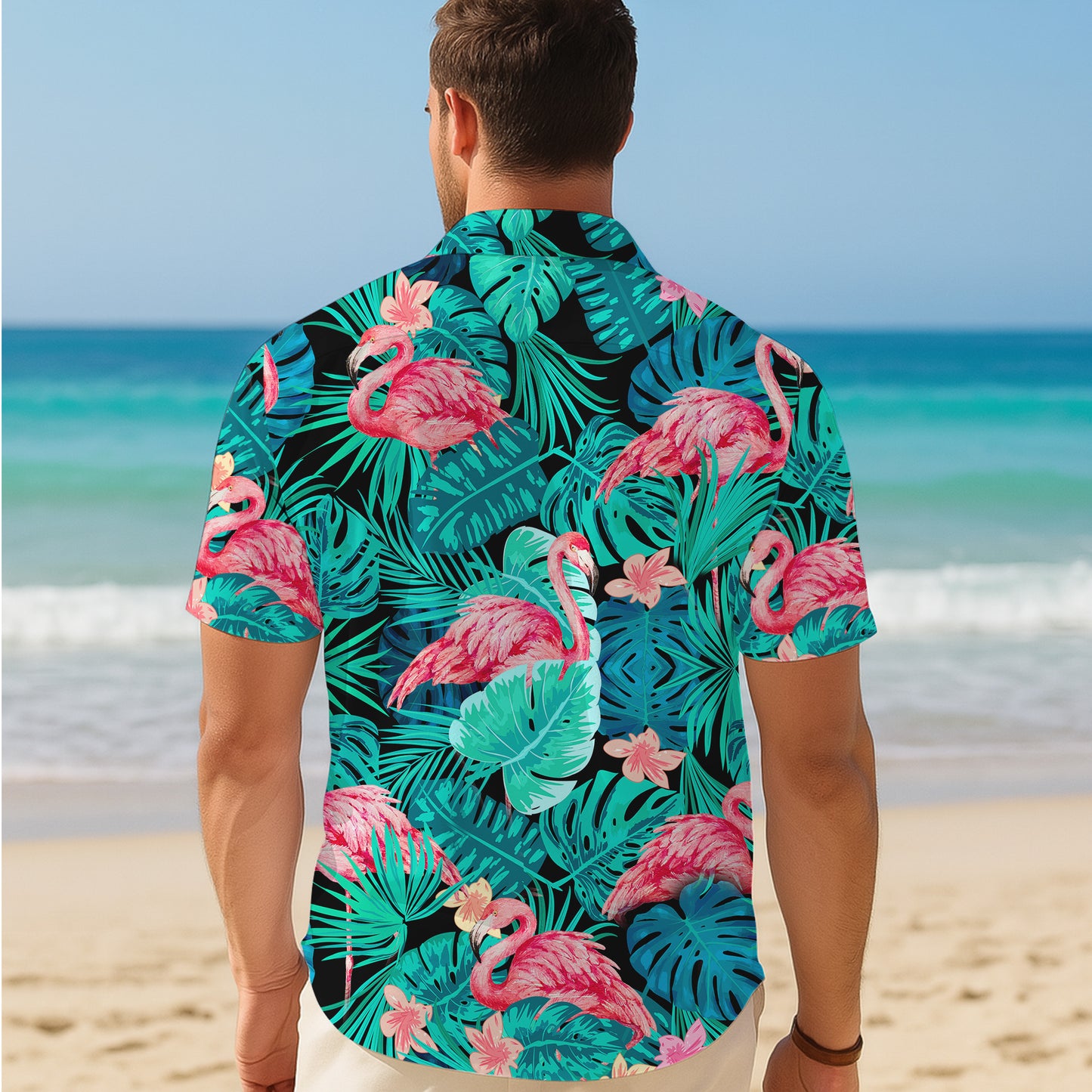 Pink Flamingos & Dark Tropical Palm Leaves Hawaiian Shirt Men Women Aloha