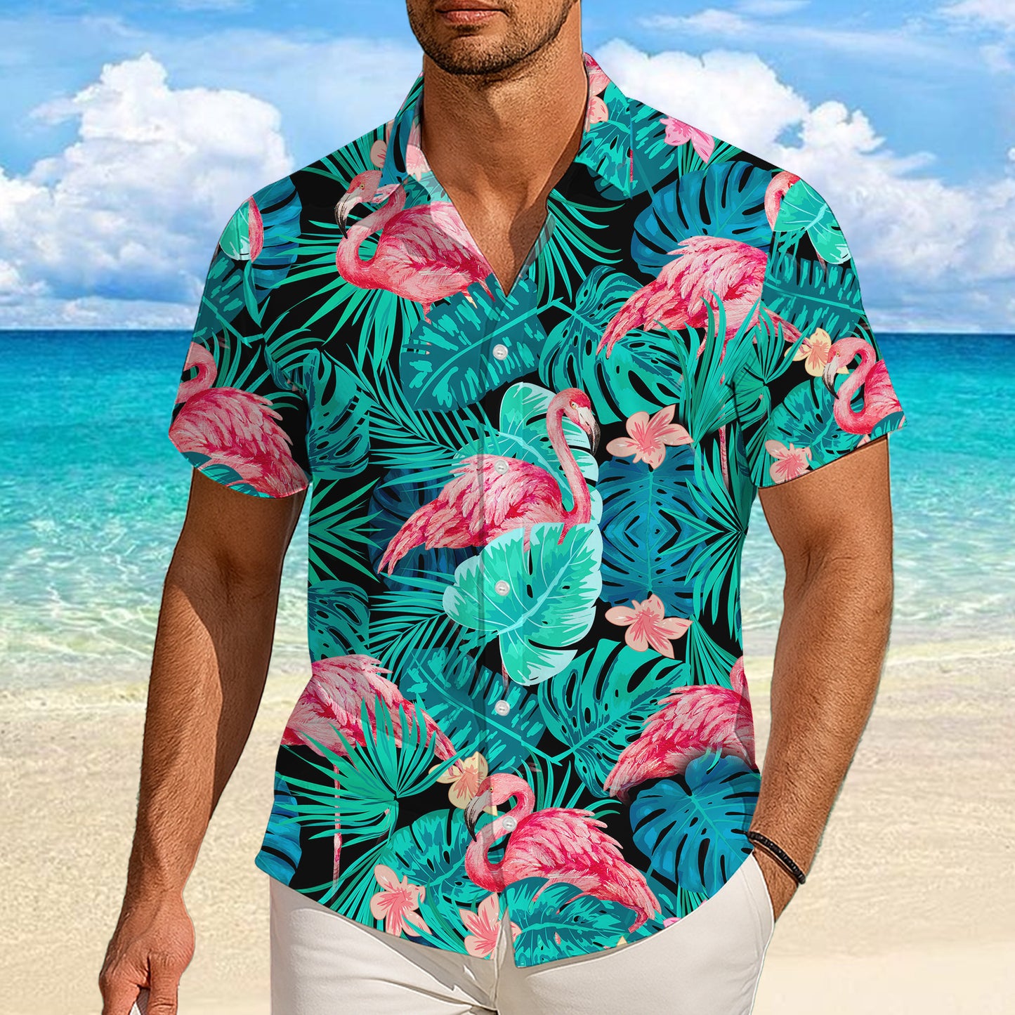 Pink Flamingos & Dark Tropical Palm Leaves Hawaiian Shirt Men Women Aloha