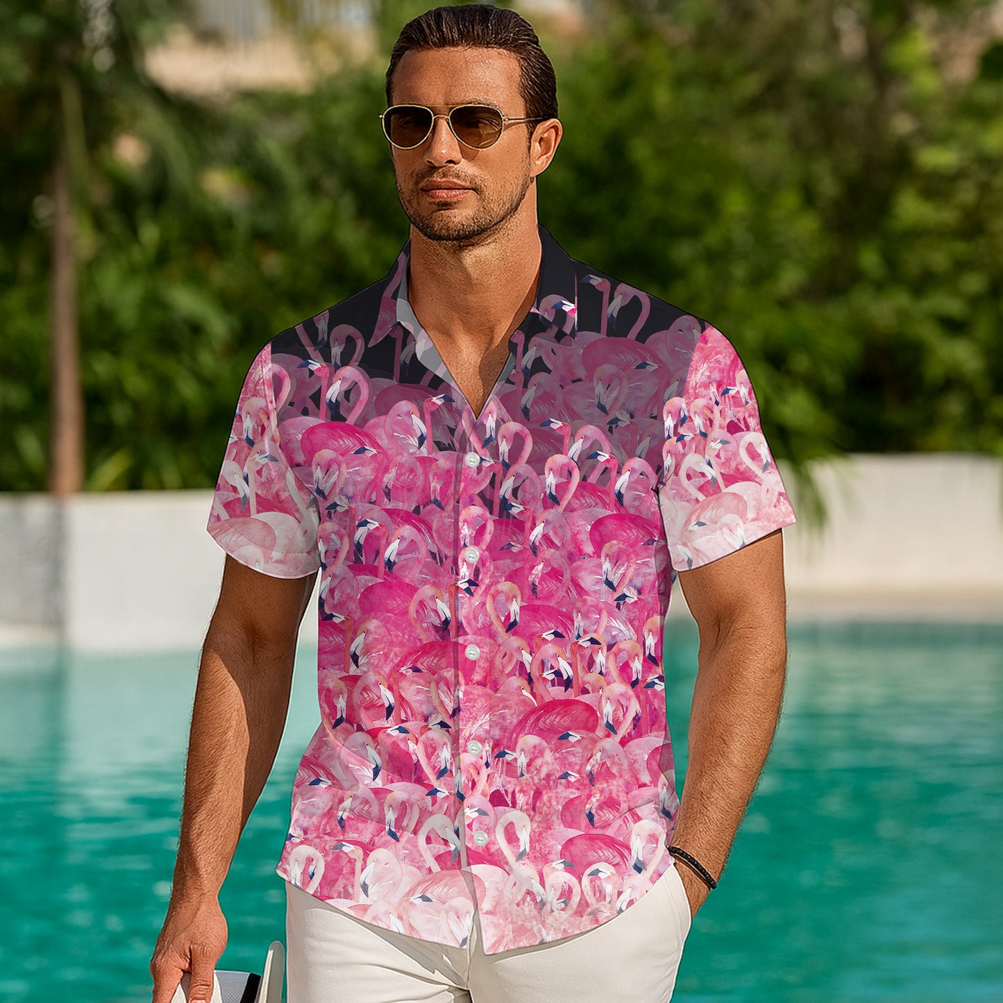 Dense Pink Flamingos Crowd Flock Hawaiian Shirt Men Women Aloha Beach