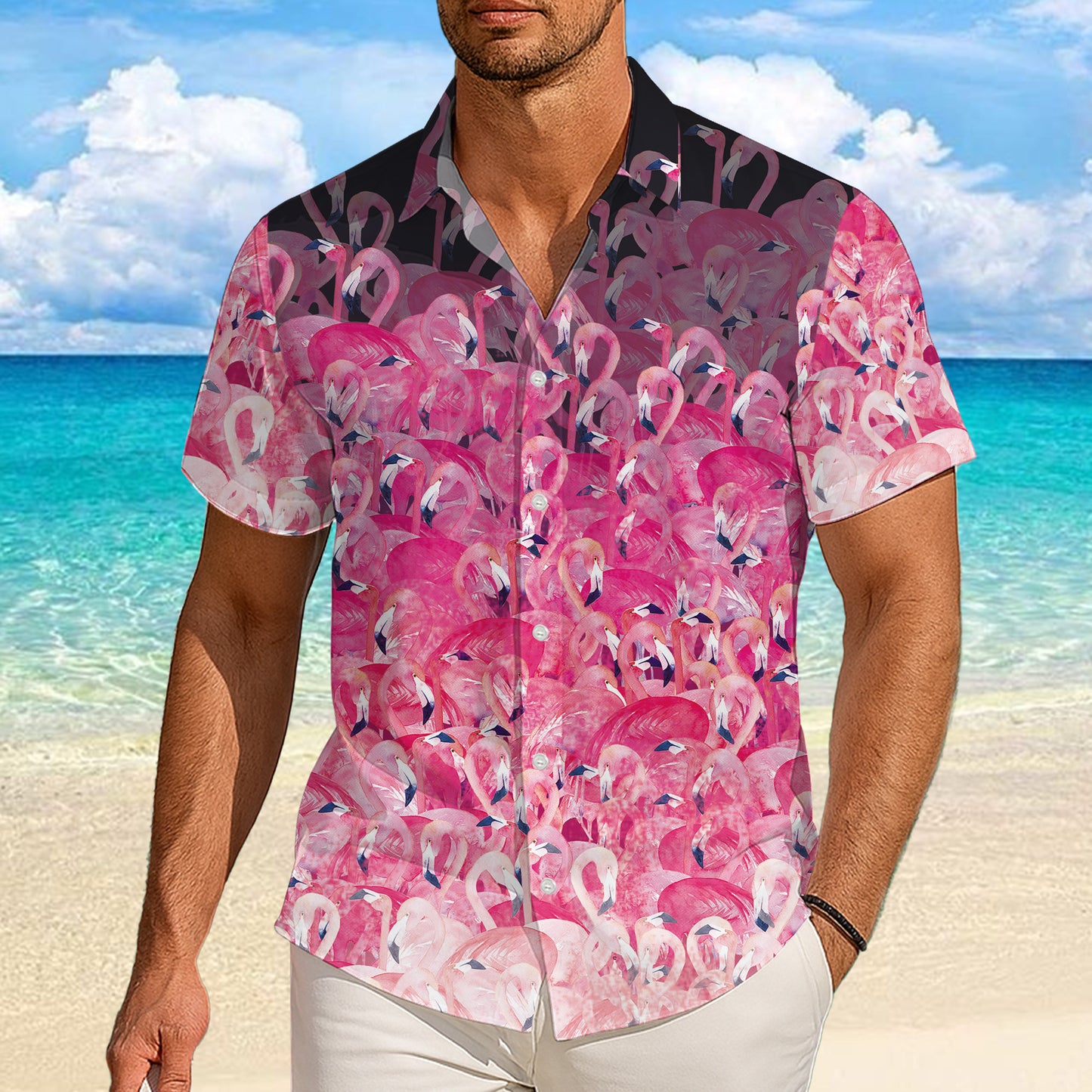Dense Pink Flamingos Crowd Flock Hawaiian Shirt Men Women Aloha Beach