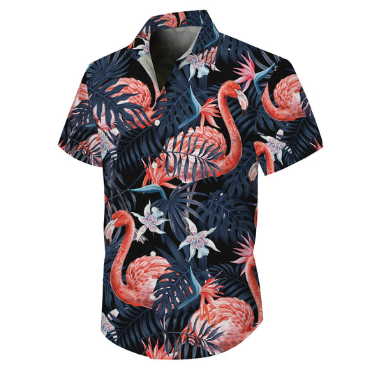 Pink Flamingos & Dark Tropical Leaves Hawaiian Shirt Men Women Aloha