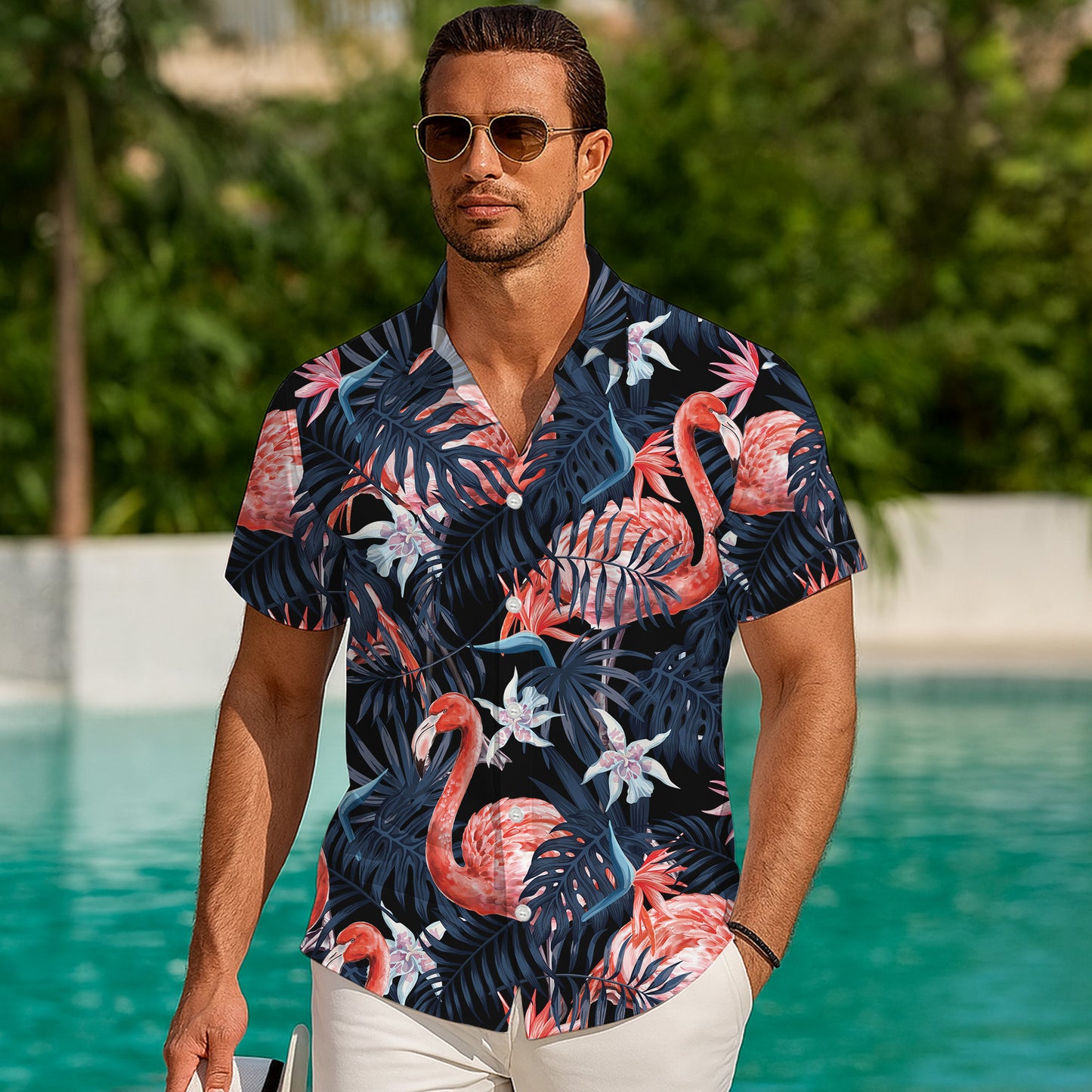 Pink Flamingos & Dark Tropical Leaves Hawaiian Shirt Men Women Aloha