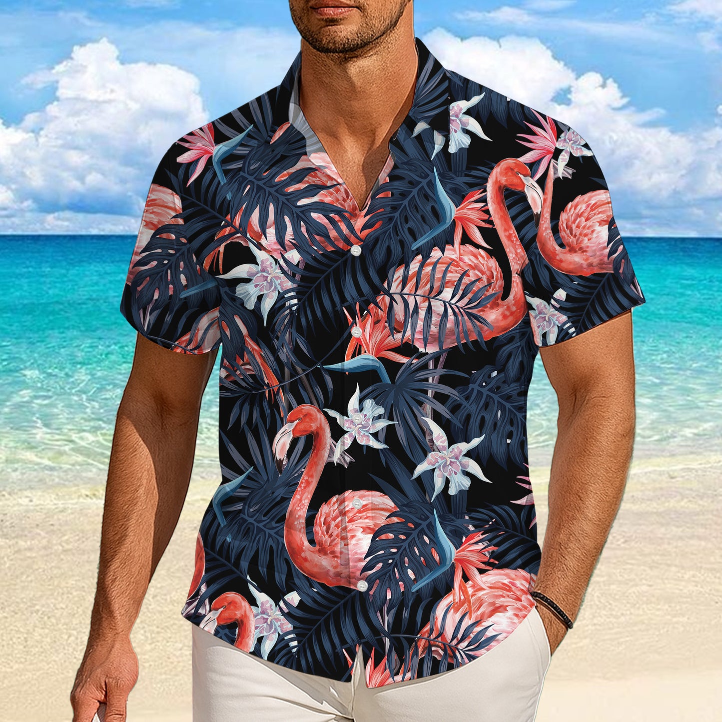 Pink Flamingos & Dark Tropical Leaves Hawaiian Shirt Men Women Aloha