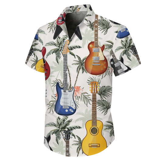 Guitars & Tropical Palm Trees Light Hawaiian Shirt Men Women Aloha