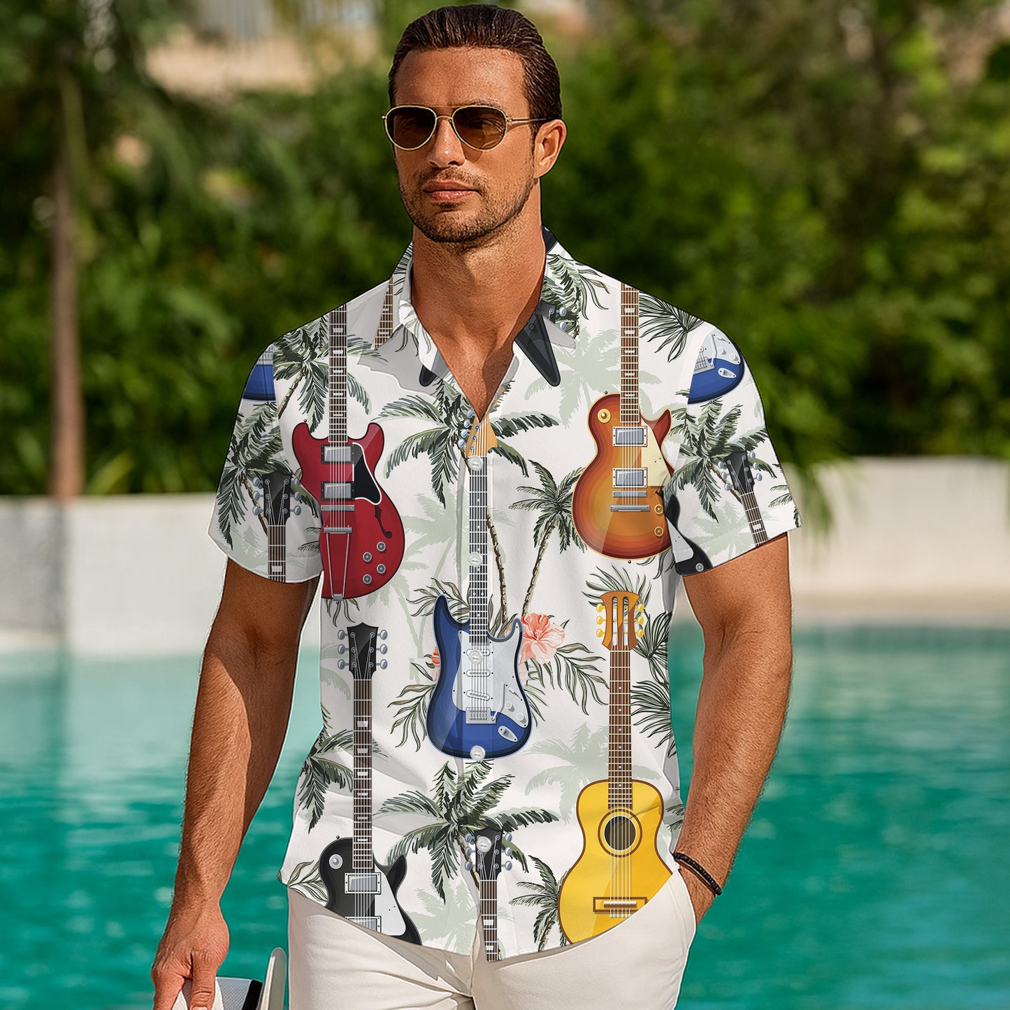 Guitars & Tropical Palm Trees Light Hawaiian Shirt Men Women Aloha
