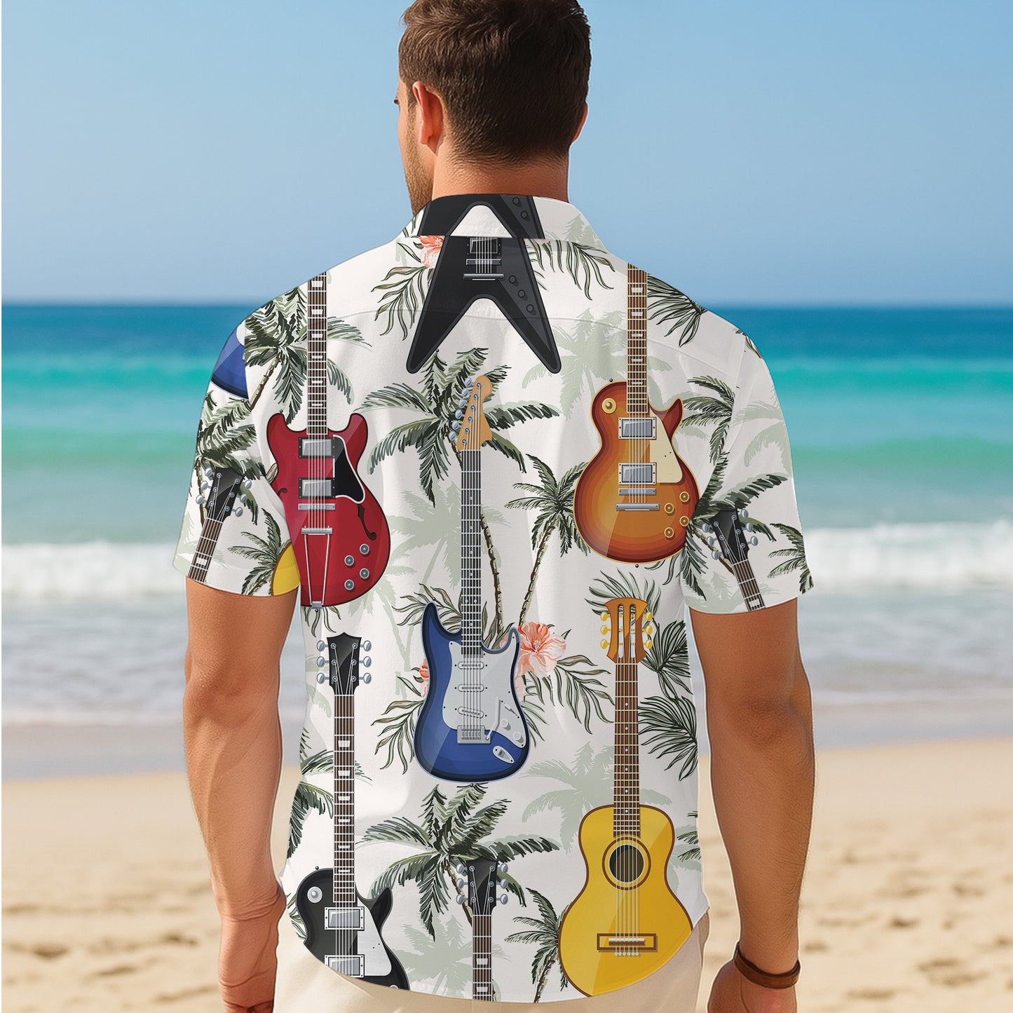 Guitars & Tropical Palm Trees Light Hawaiian Shirt Men Women Aloha