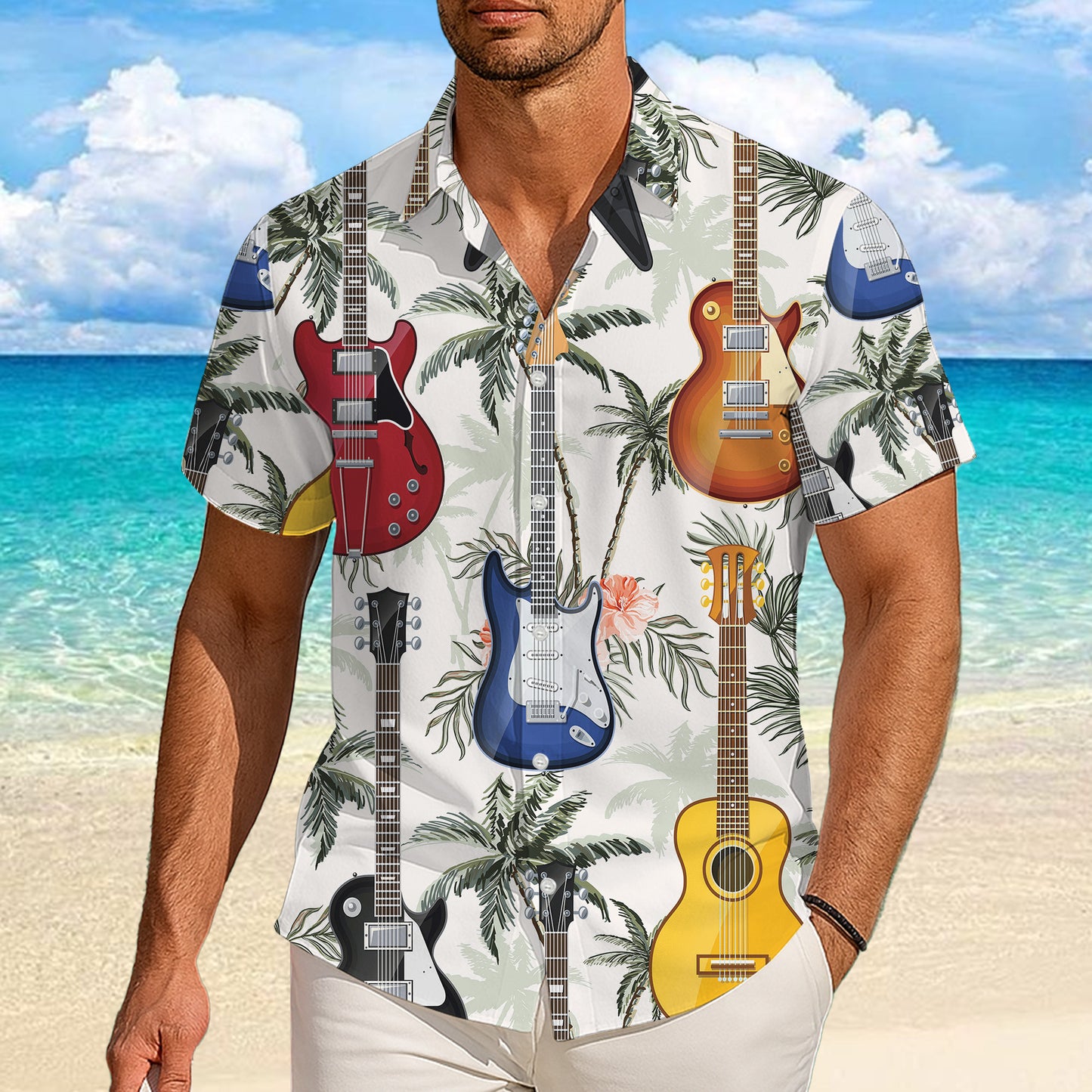 Guitars & Tropical Palm Trees Light Hawaiian Shirt Men Women Aloha