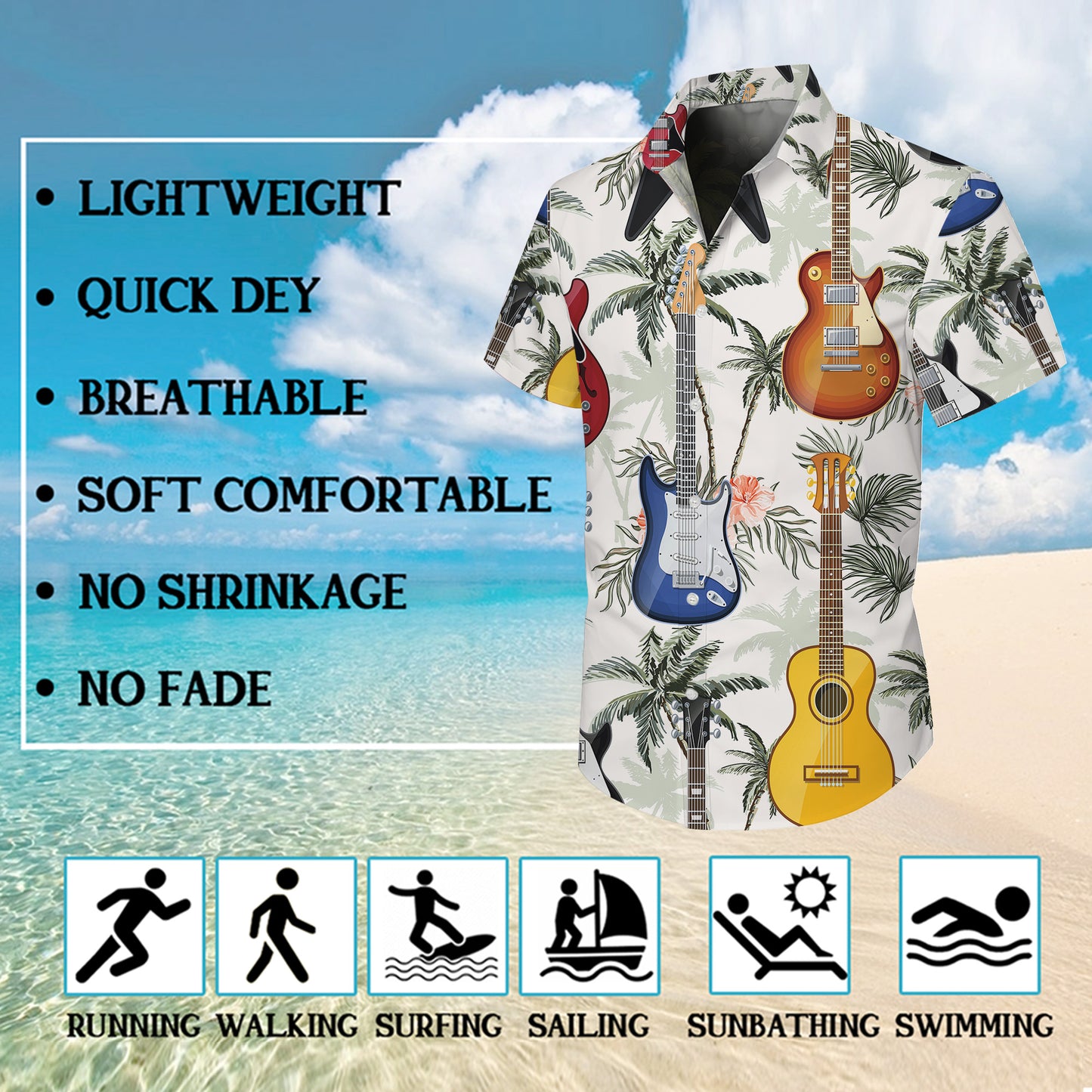 Guitars & Tropical Palm Trees Light Hawaiian Shirt Men Women Aloha