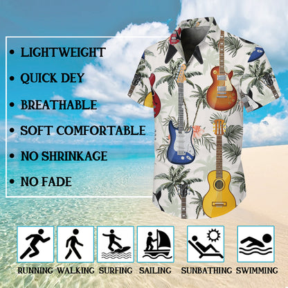 Guitars & Tropical Palm Trees Light Hawaiian Shirt Men Women Aloha