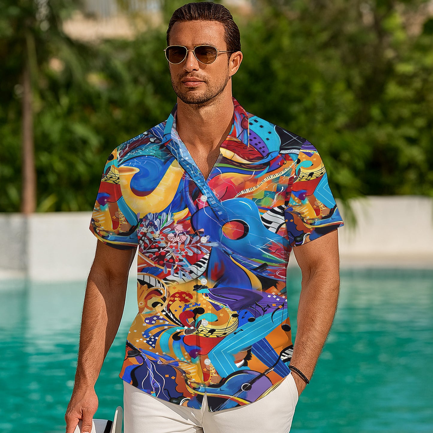 Abstract Colorful Music & Guitars Art Hawaiian Shirt Men Women Aloha