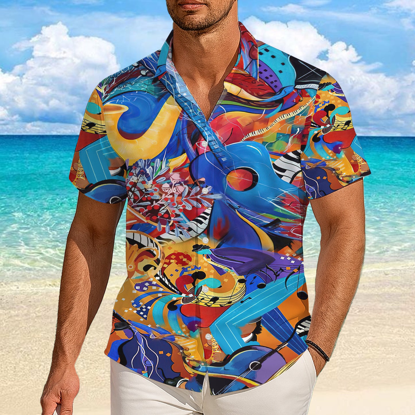 Abstract Colorful Music & Guitars Art Hawaiian Shirt Men Women Aloha