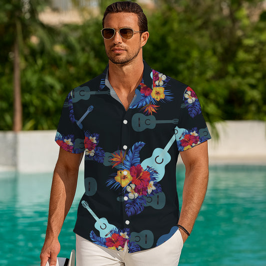 Guitars, Hibiscus & Palm Leaves Dark Hawaiian Shirt Men Women Aloha