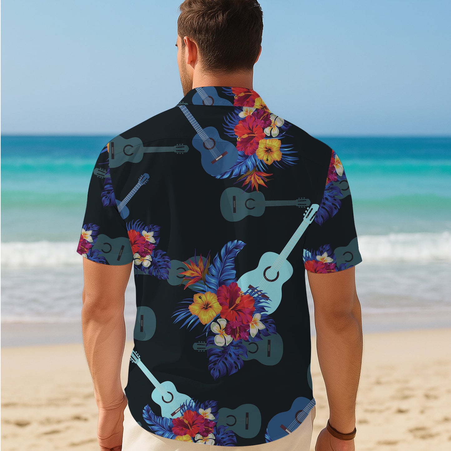 Guitars, Hibiscus & Palm Leaves Dark Hawaiian Shirt Men Women Aloha