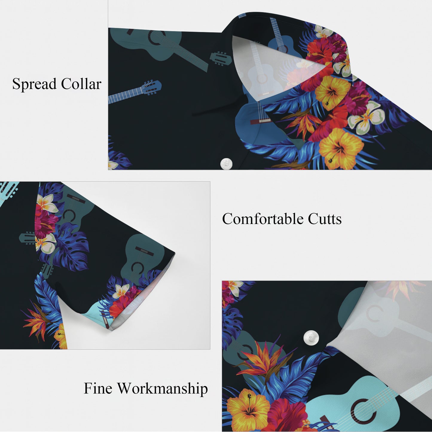 Guitars, Hibiscus & Palm Leaves Dark Hawaiian Shirt Men Women Aloha