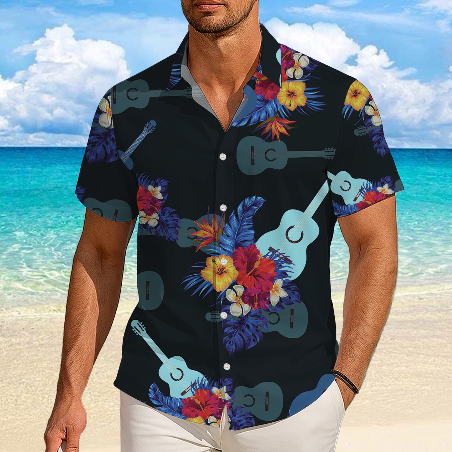 Guitars, Hibiscus & Palm Leaves Dark Hawaiian Shirt Men Women Aloha