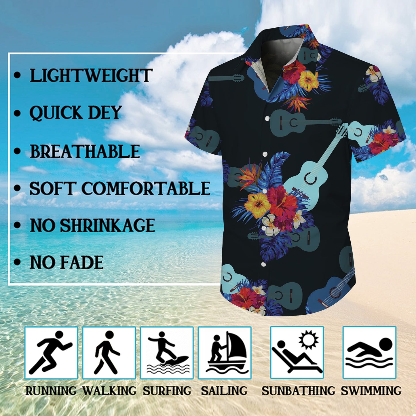 Guitars, Hibiscus & Palm Leaves Dark Hawaiian Shirt Men Women Aloha