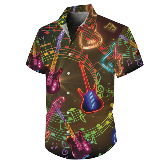 Neon Glowing Guitars & Music Notes Dark Hawaiian Shirt Men Aloha
