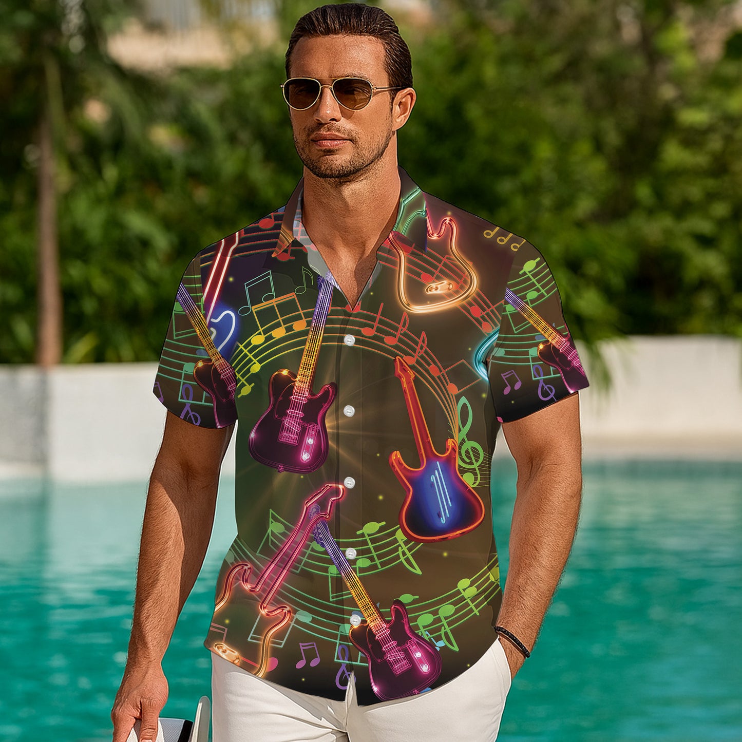 Neon Glowing Guitars & Music Notes Dark Hawaiian Shirt Men Aloha