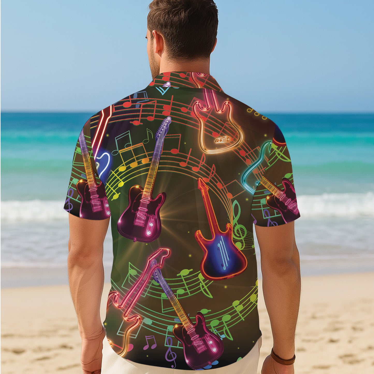 Neon Glowing Guitars & Music Notes Dark Hawaiian Shirt Men Aloha