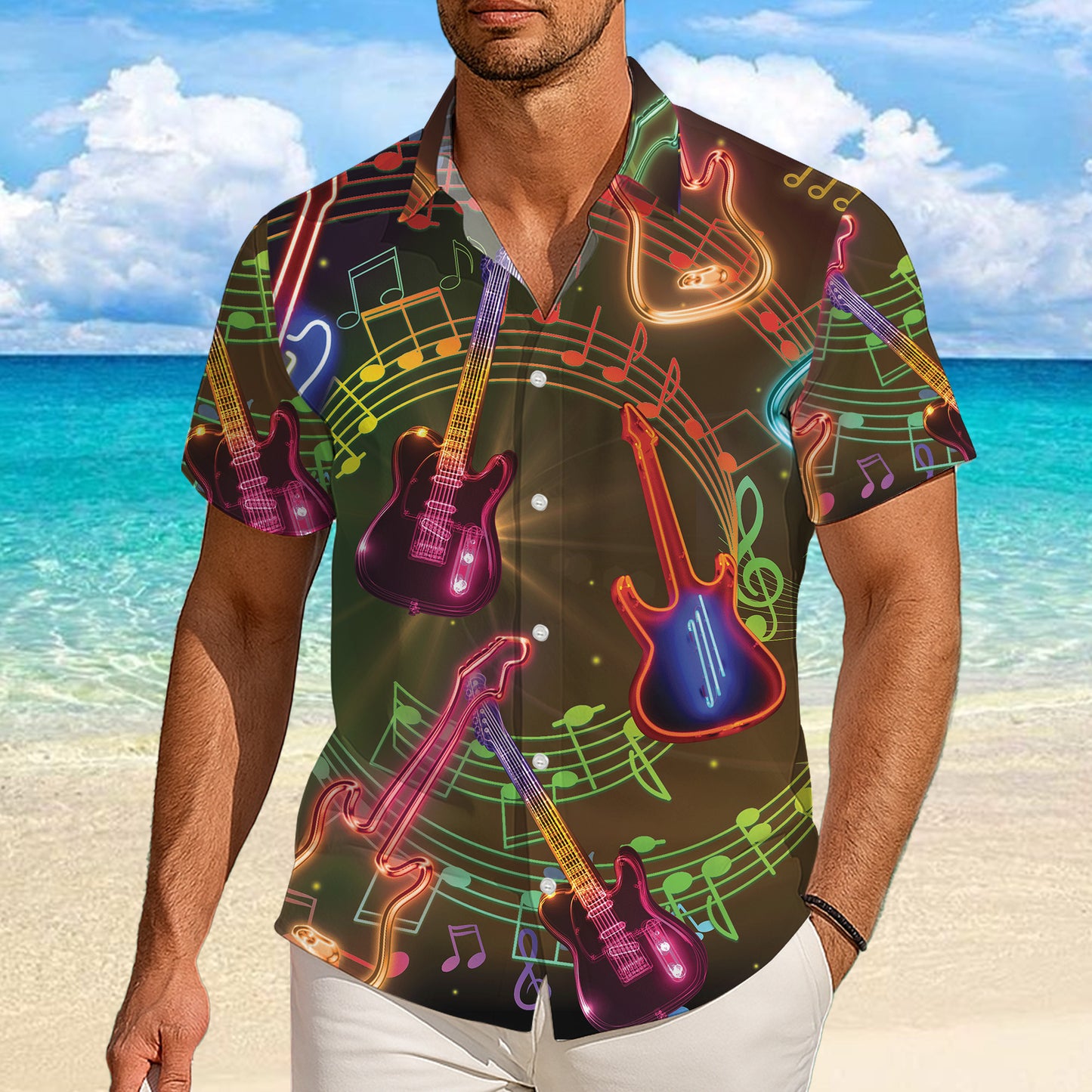 Neon Glowing Guitars & Music Notes Dark Hawaiian Shirt Men Aloha