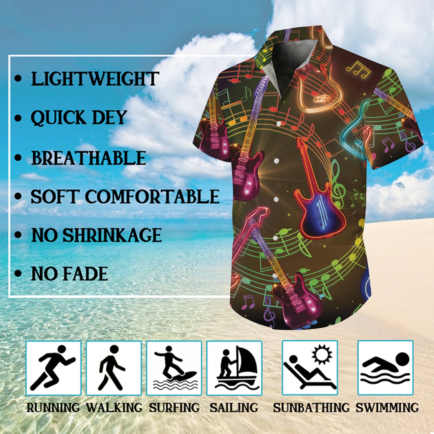 Neon Glowing Guitars & Music Notes Dark Hawaiian Shirt Men Aloha