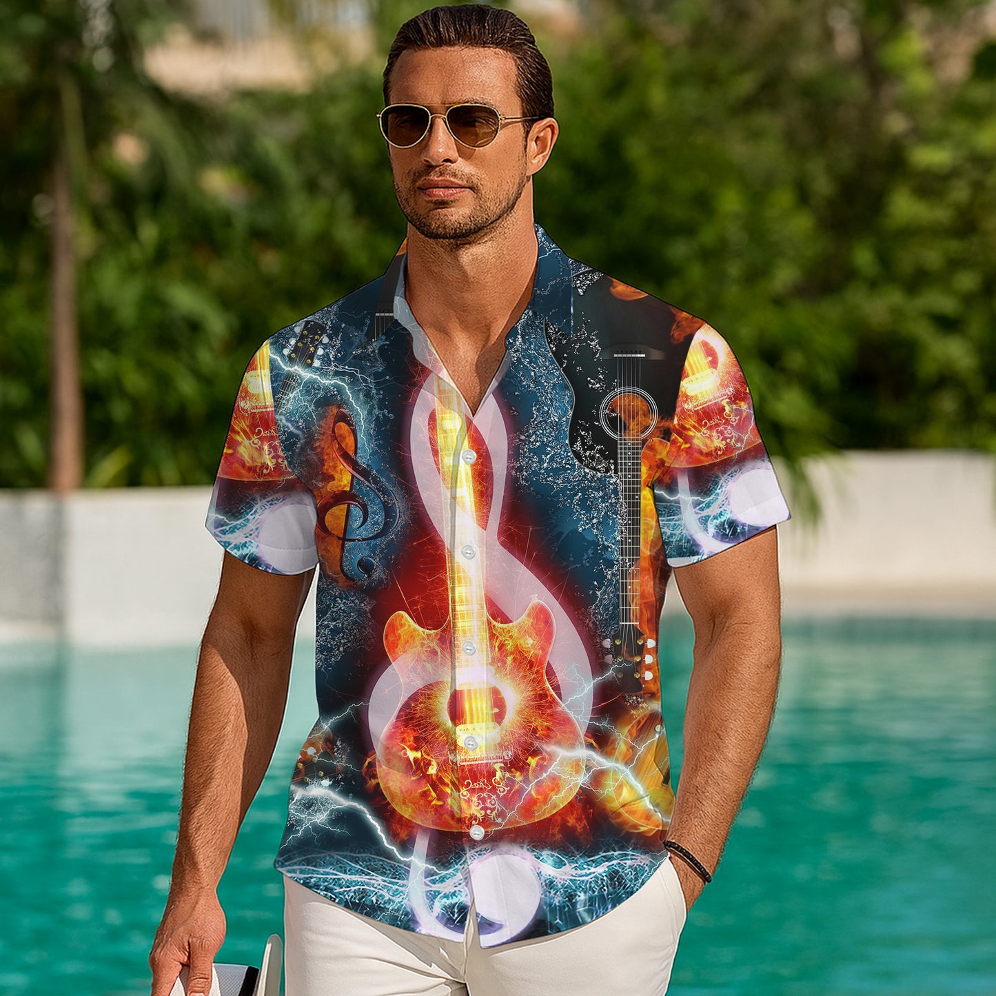 Fire and Lightning Guitars Rock Hawaiian Shirt Men Women Aloha