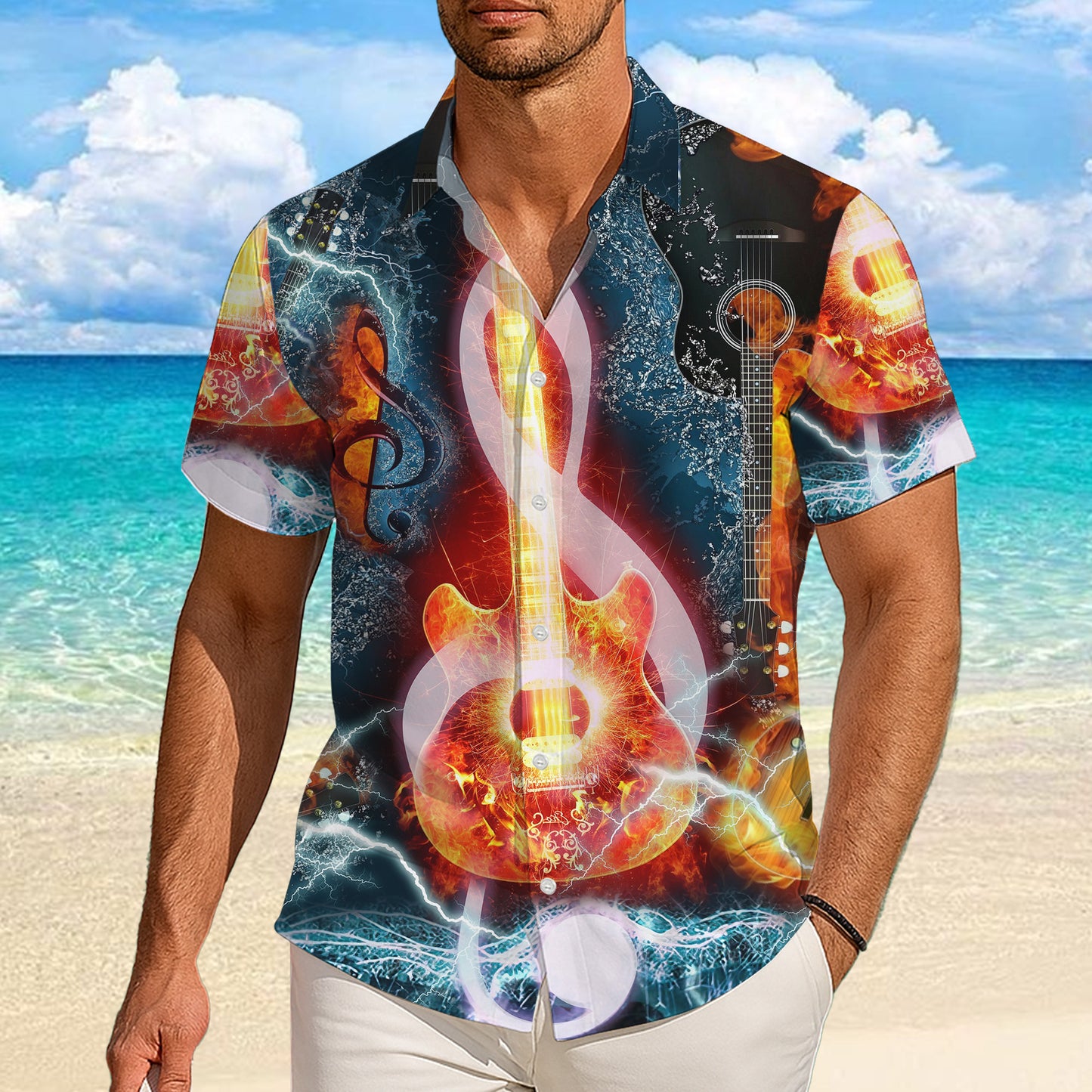 Fire and Lightning Guitars Rock Hawaiian Shirt Men Women Aloha