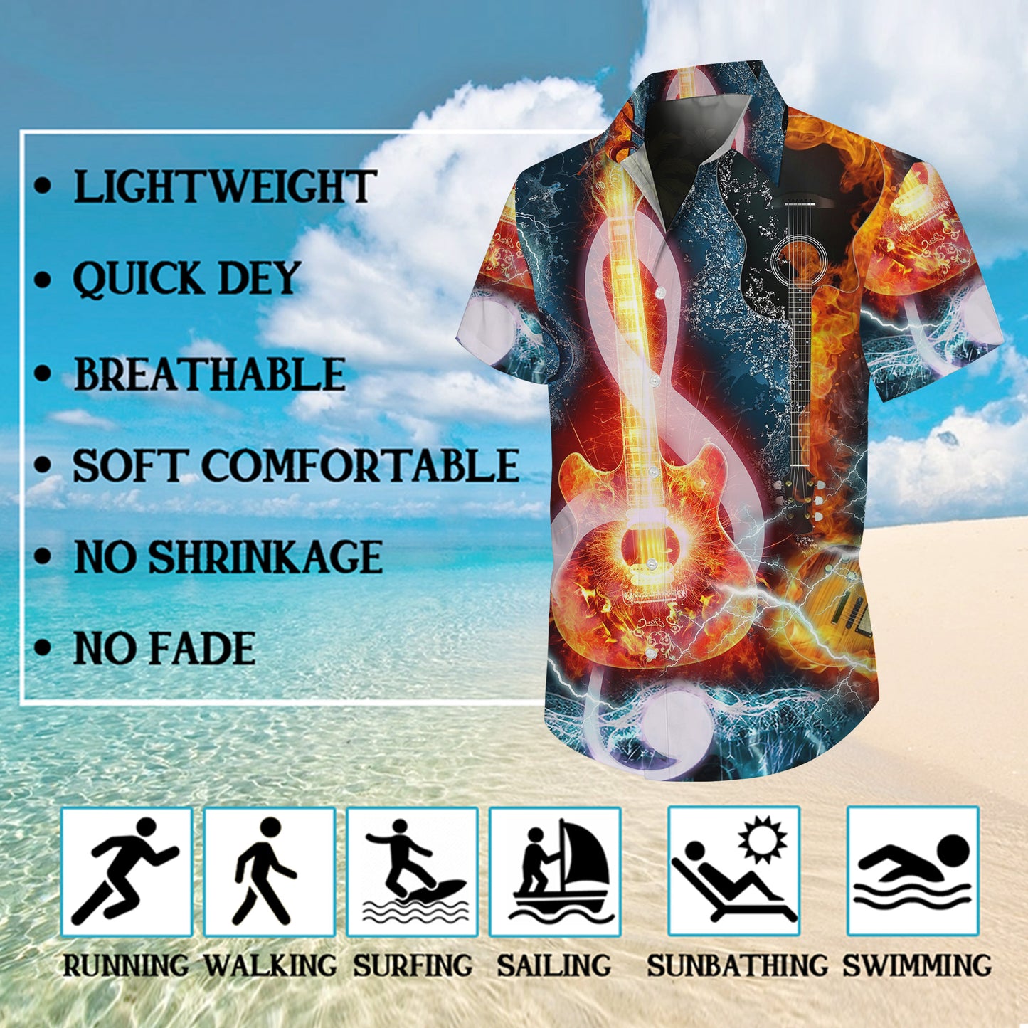 Fire and Lightning Guitars Rock Hawaiian Shirt Men Women Aloha