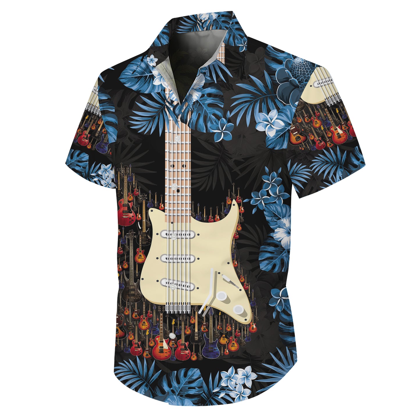 Guitars & Blue Tropical Flowers Dark Hawaiian Shirt Men Aloha