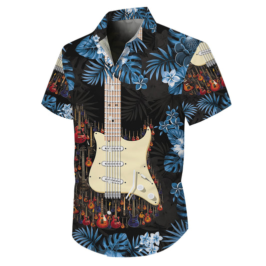 Guitars & Blue Tropical Flowers Dark Hawaiian Shirt Men Aloha