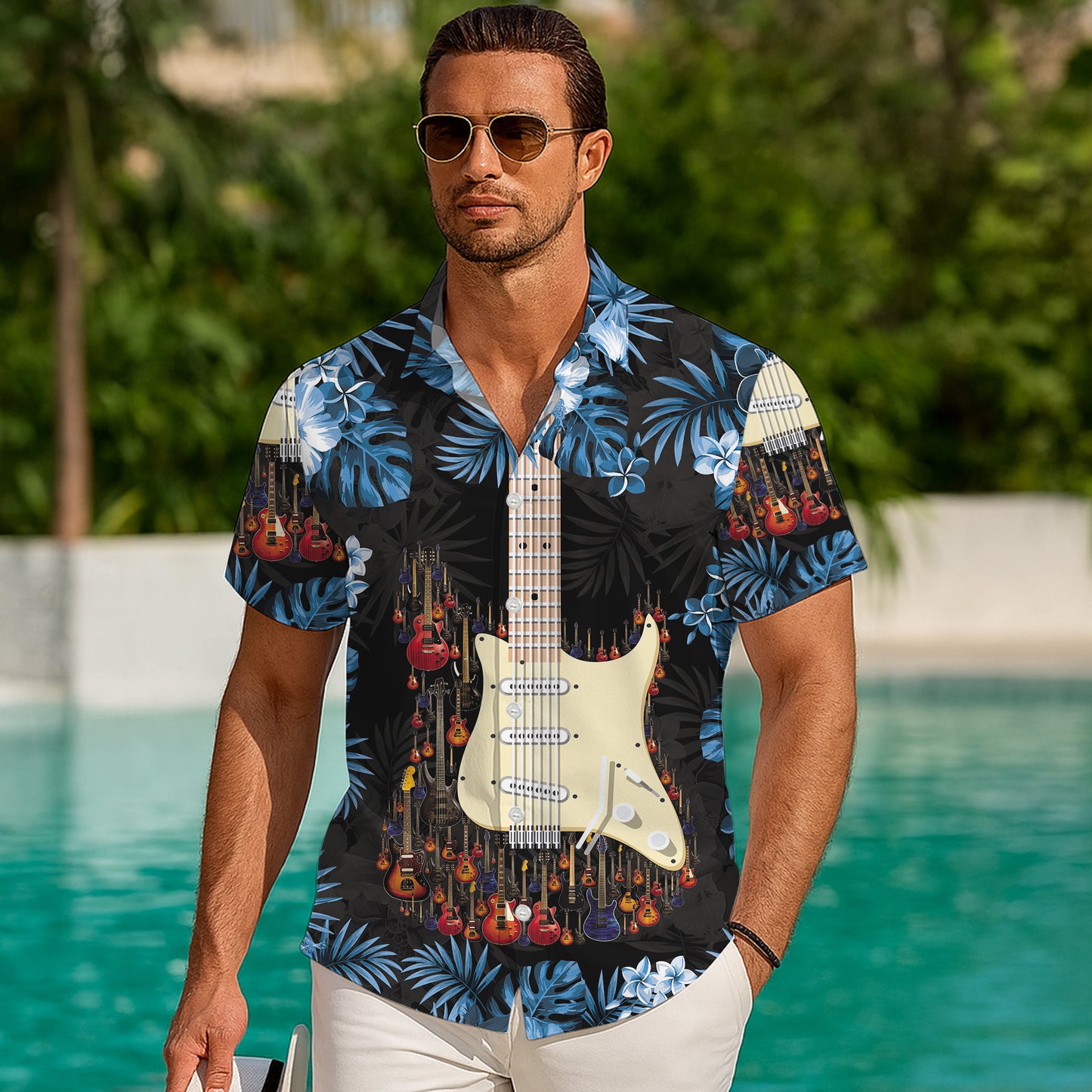 Guitars & Blue Tropical Flowers Dark Hawaiian Shirt Men Aloha