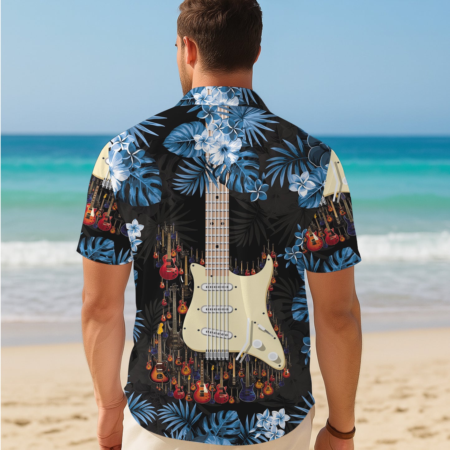Guitars & Blue Tropical Flowers Dark Hawaiian Shirt Men Aloha